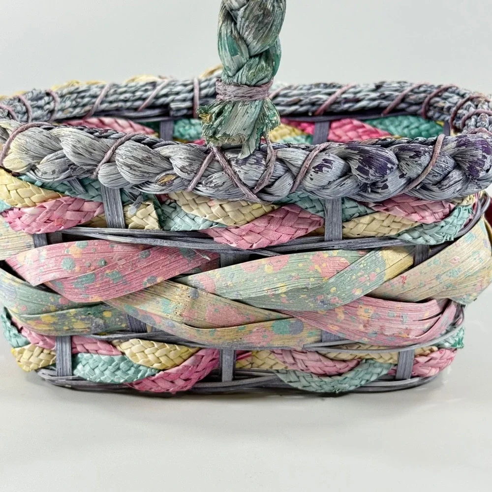 VTG Woven Basket w/ Handle 80's Pastel Multicolor Easter Cottagecore 11